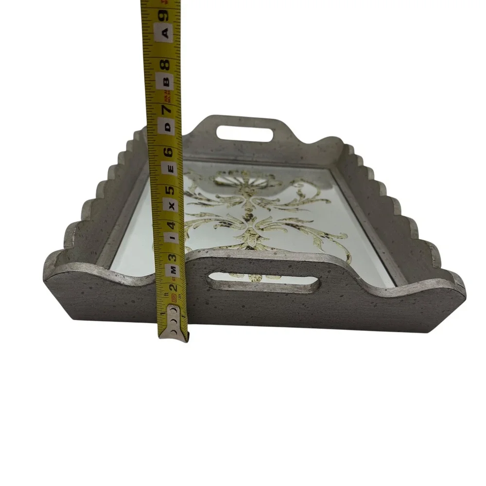 Decorative Mirrored Serving Tray Gray Wood Gold Scroll‎ Accent Handles